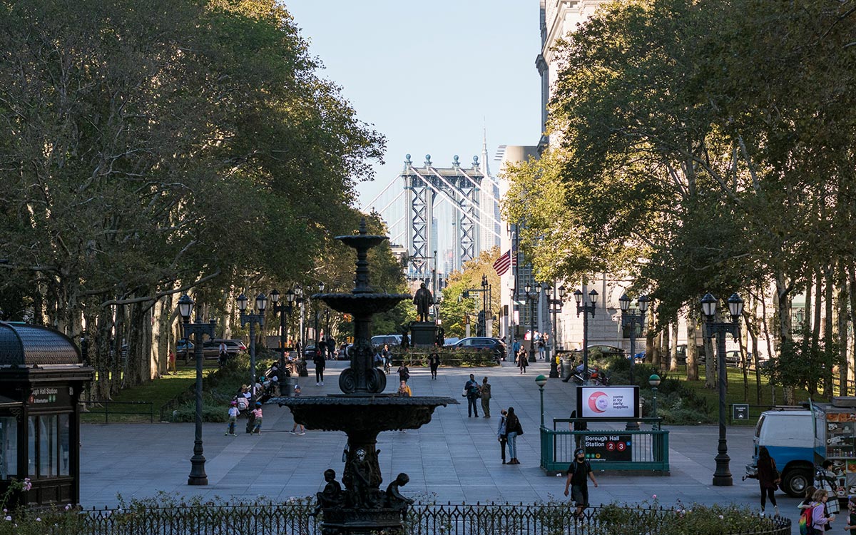 Cadman Plaza with a view of the Manhattan Bridge