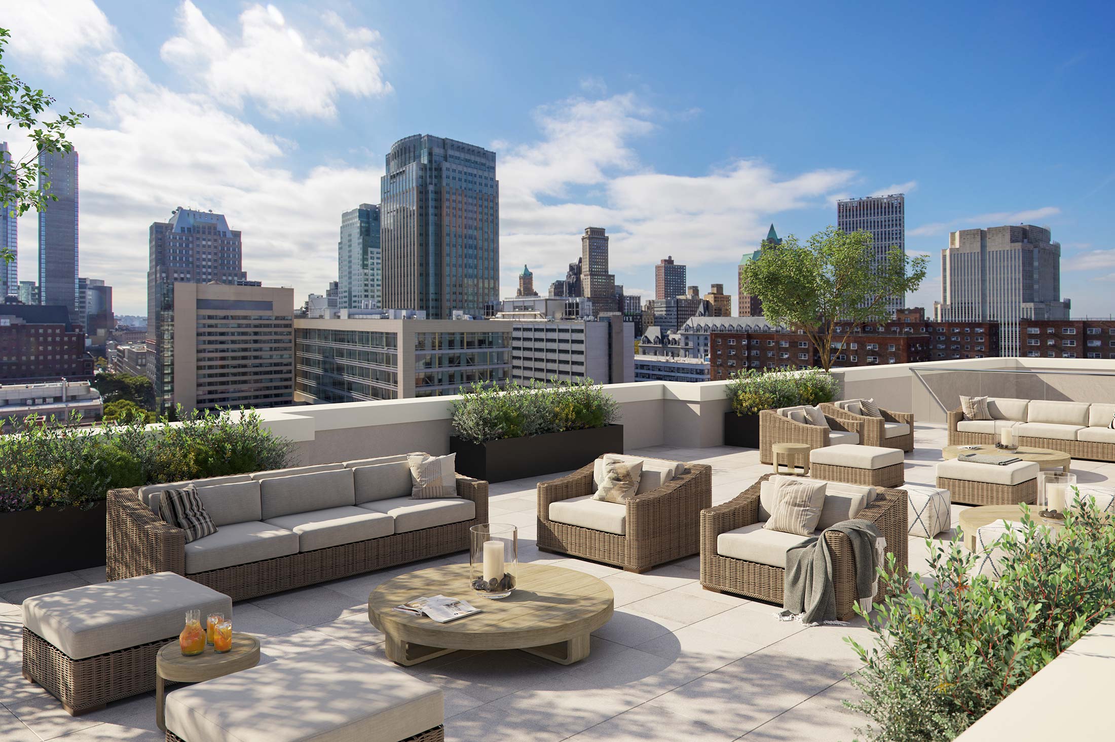 The landscaped roof terrace at 22 Chapel with skyline views of Brooklyn